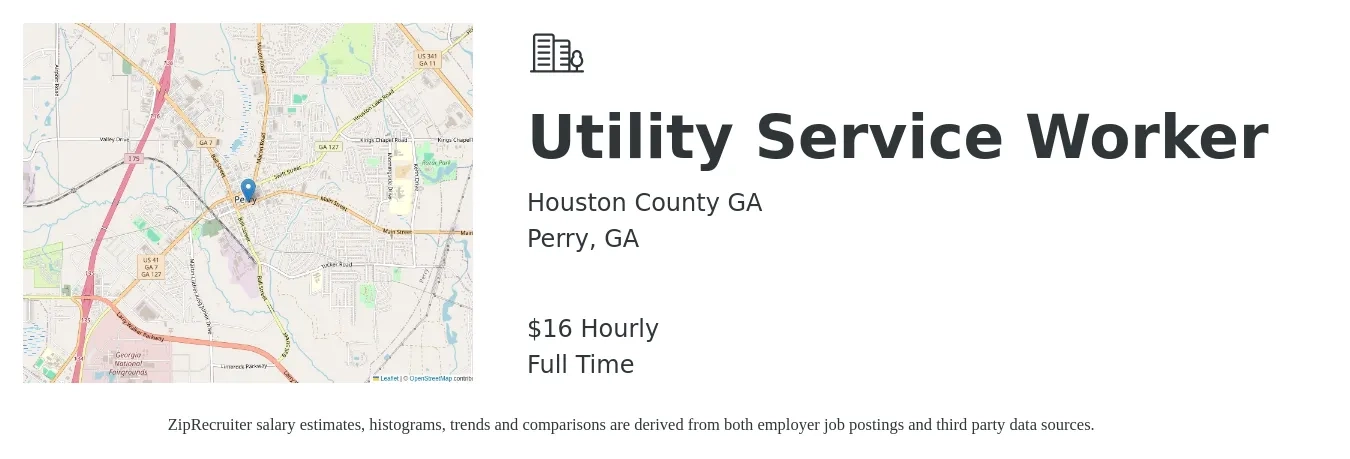 Houston County GA job posting for a Utility Service Worker in Perry, GA with a salary of $18 Hourly with a map of Perry location.
