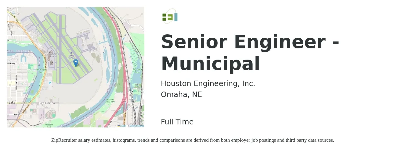 Houston Engineering, Inc. job posting for a Senior Engineer - Municipal in Omaha, NE with a salary of $101,400 to $139,300 Yearly with a map of Omaha location.