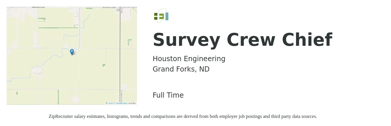 Houston Engineering, Inc. job posting for a Survey Crew Chief in Grand Forks, ND with a salary of $24 to $36 Hourly with a map of Grand Forks location.