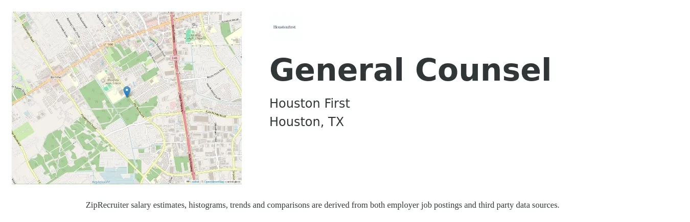 Houston First job posting for a General Counsel in Houston, TX with a salary of $103,600 to $181,400 Yearly with a map of Houston location.