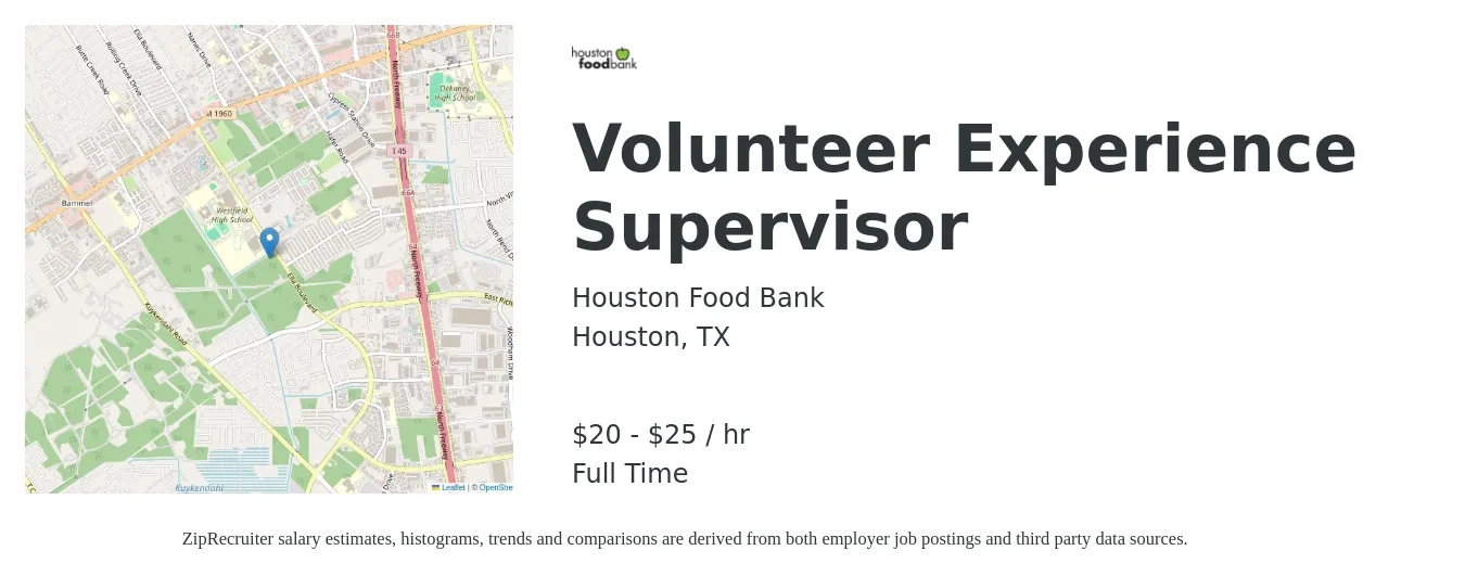 Houston Food Bank job posting for a Volunteer Experience Supervisor in Houston, TX with a salary of $21 to $26 Hourly with a map of Houston location.
