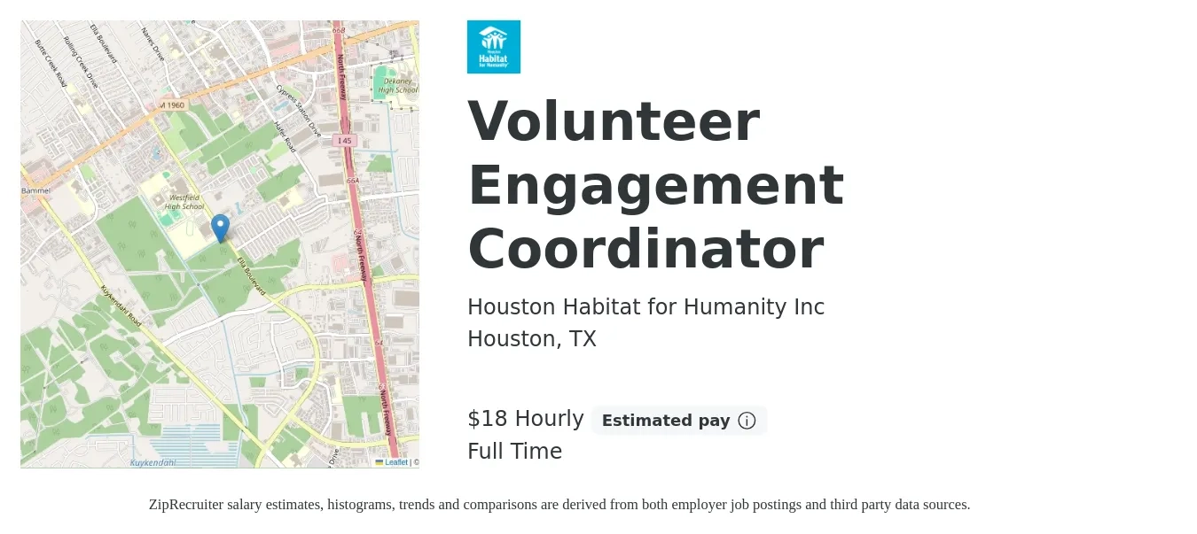 Houston Habitat for Humanity Inc job posting for a Volunteer Engagement Coordinator in Houston, TX with a salary of $19 Hourly with a map of Houston location.