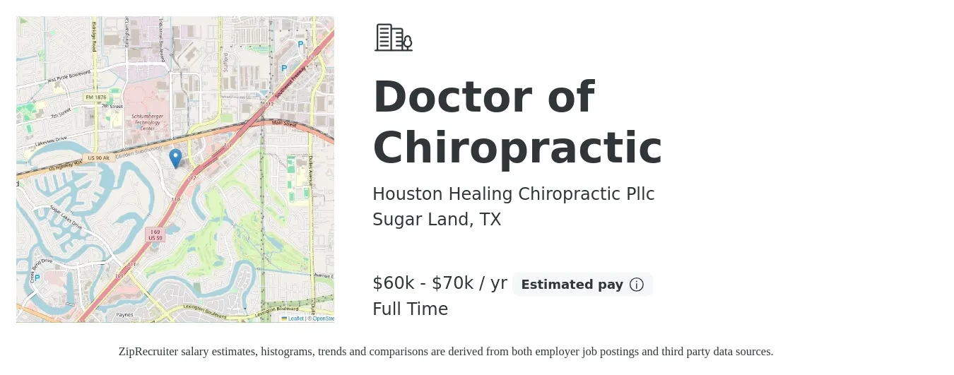 Houston Healing Chiropractic Pllc job posting for a Doctor of Chiropractic in Sugar Land, TX with a salary of $60,000 to $70,000 Yearly (plus commission) with a map of Sugar Land location.