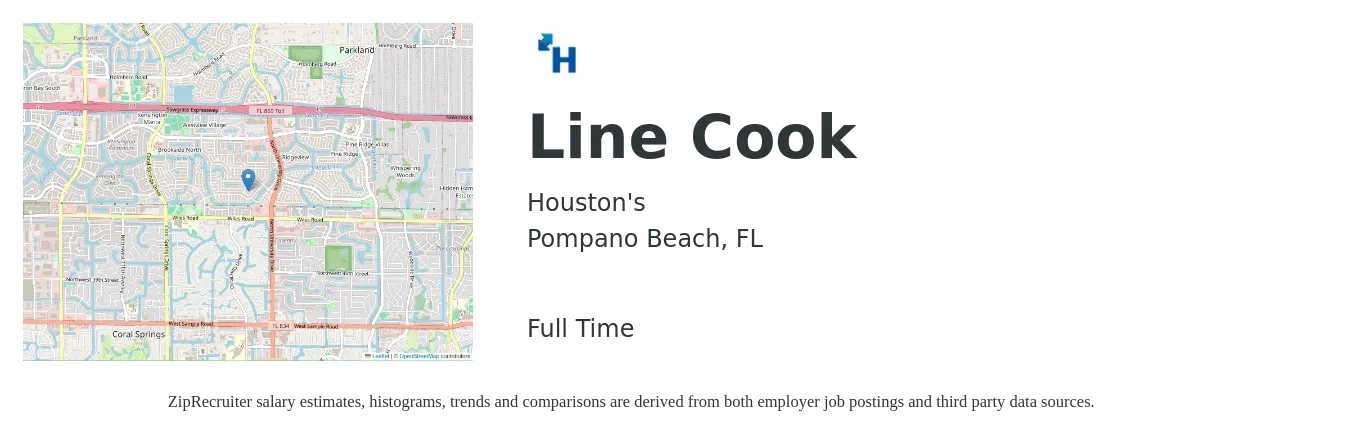 Houston's job posting for a Line Cook in Pompano Beach, FL with a salary of $19 to $25 Hourly with a map of Pompano Beach location.