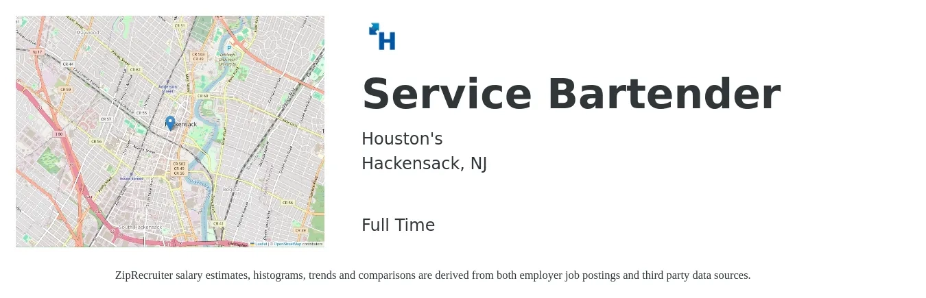 Houston's job posting for a Service Bartender in Hackensack, NJ with a salary of $27 to $30 Hourly with a map of Hackensack location.