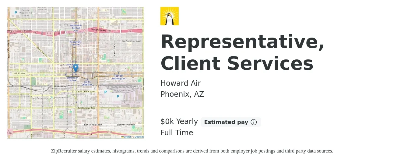 Howard Air job posting for a Representative, Client Services in Phoenix, AZ with a salary of $17 to $24 Yearly with a map of Phoenix location.