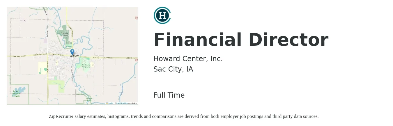 Howard Center, Inc. job posting for a Financial Director in Sac City, IA with a salary of $95,900 to $146,000 Yearly with a map of Sac City location.