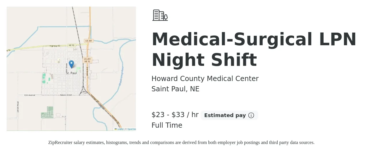 Howard County Medical Center job posting for a Medical-Surgical LPN Night Shift in Saint Paul, NE with a salary of $24 to $35 Hourly with a map of Saint Paul location.
