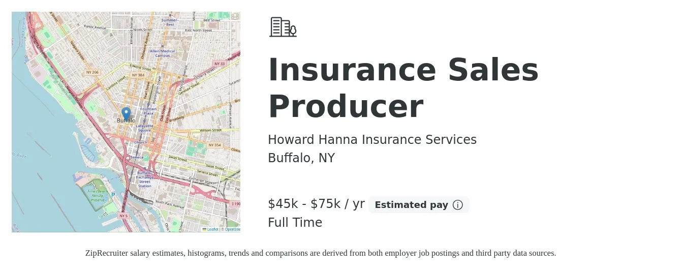 Howard Hanna Insurance Services job posting for a Insurance Sales Producer in Buffalo, NY with a salary of $45,000 to $75,000 Yearly with a map of Buffalo location.