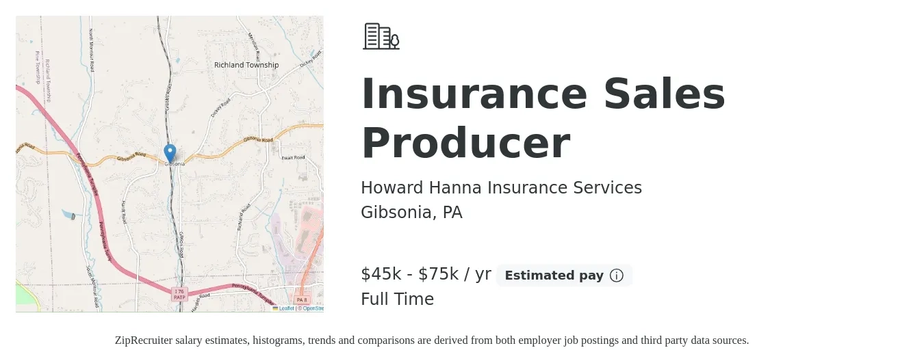 Howard Hanna Insurance Services job posting for a Insurance Sales Producer in Gibsonia, PA with a salary of $45,000 to $75,000 Yearly with a map of Gibsonia location.