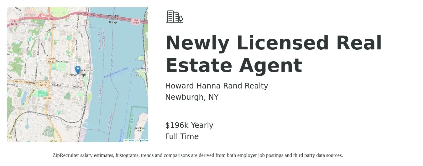 Howard Hanna Rand Realty job posting for a Newly Licensed Real Estate Agent in Newburgh, NY with a salary of $196,492 Yearly with a map of Newburgh location.