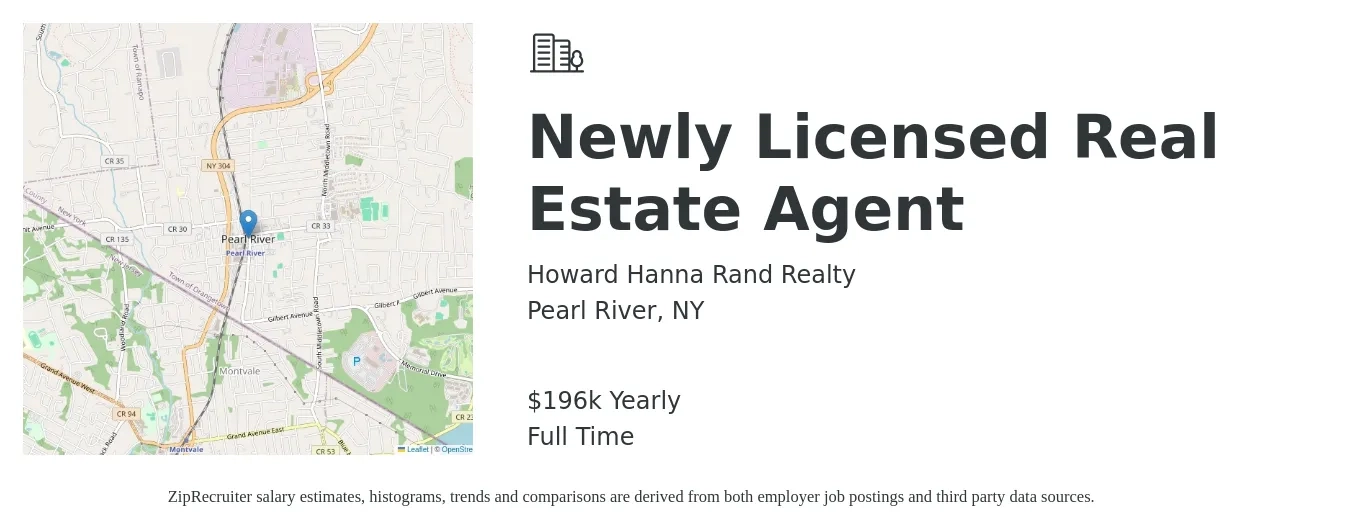 Howard Hanna Rand Realty job posting for a Newly Licensed Real Estate Agent in Pearl River, NY with a salary of $196,492 Yearly with a map of Pearl River location.