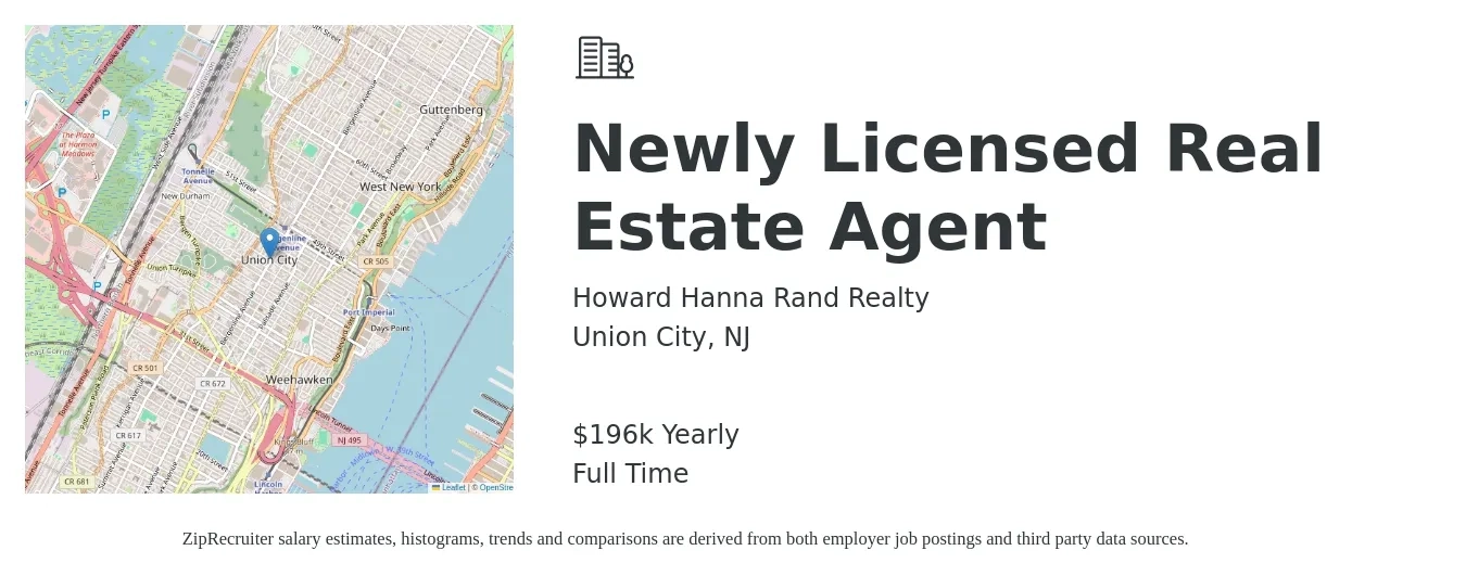 Howard Hanna Rand Realty job posting for a Newly Licensed Real Estate Agent in Union City, NJ with a salary of $196,492 Yearly with a map of Union City location.