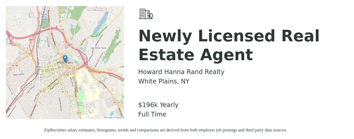 Howard Hanna Rand Realty job posting for a Newly Licensed Real Estate Agent in White Plains, NY with a salary of $196,492 Yearly with a map of White Plains location.