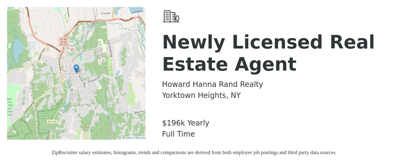 Howard Hanna Rand Realty job posting for a Newly Licensed Real Estate Agent in Yorktown Heights, NY with a salary of $196,492 Yearly with a map of Yorktown Heights location.