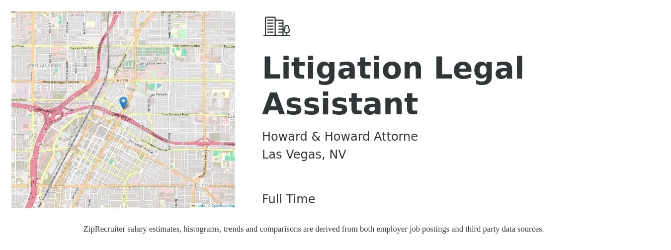 Howard & Howard Attorne job posting for a Litigation Legal Assistant in Las Vegas, NV with a salary of $49,900 to $70,000 Yearly with a map of Las Vegas location.
