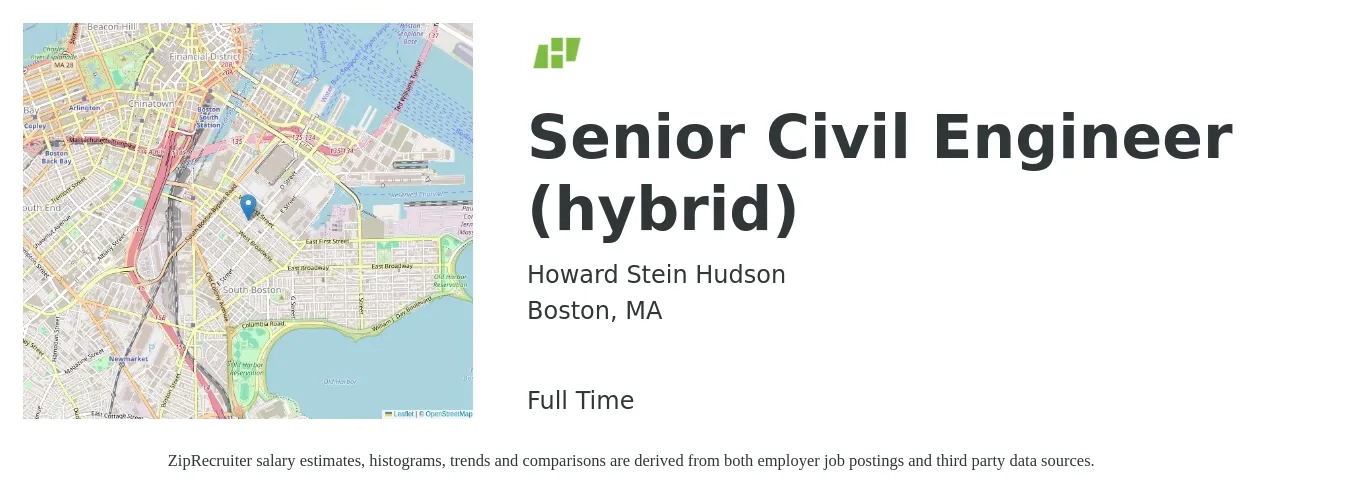 Howard Stein Hudson job posting for a Senior Civil Engineer (hybrid) in Boston, MA with a salary of $93,400 to $139,000 Yearly with a map of Boston location.