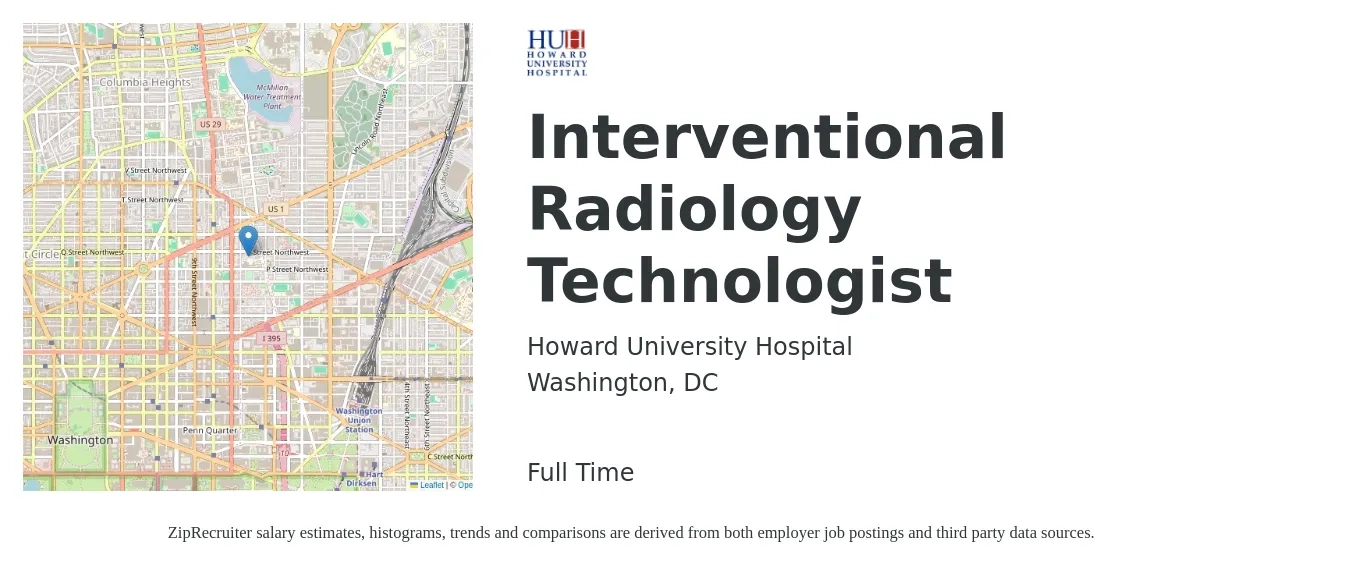 Howard University Hospital job posting for a Interventional Radiology Technologist in Washington, DC with a salary of $1,360 to $2,820 Weekly with a map of Washington location.