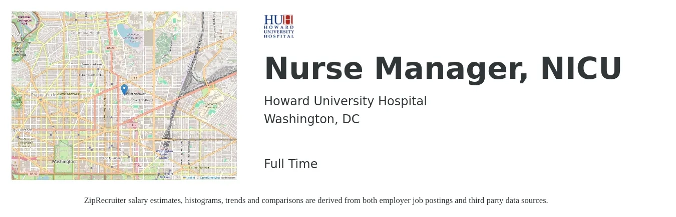 Howard University Hospital job posting for a Nurse Manager, NICU in Washington, DC with a salary of $2,200 to $3,510 Weekly with a map of Washington location.