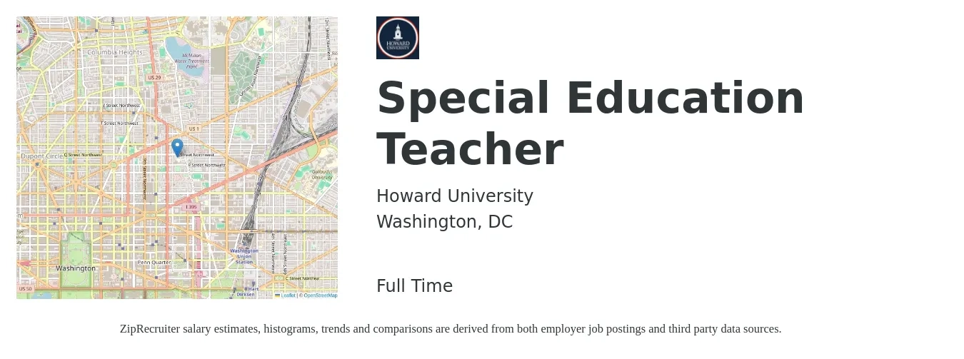 Howard University job posting for a Special Education Teacher in Washington, DC with a salary of $60,000 to $95,000 Yearly with a map of Washington location.