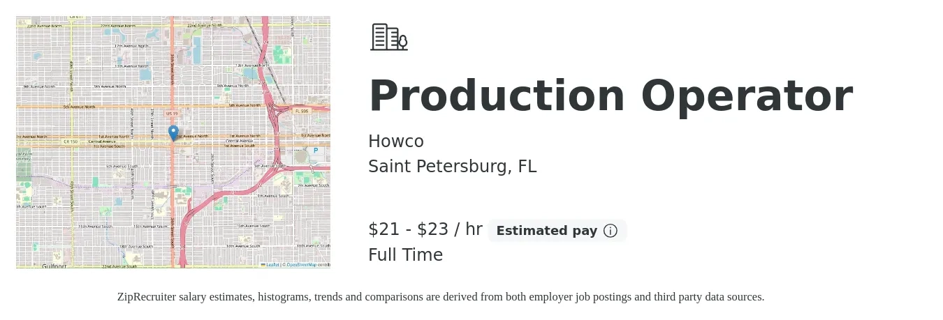 Howco job posting for a Production Operator in Saint Petersburg, FL with a salary of $22 to $24 Hourly with a map of Saint Petersburg location.
