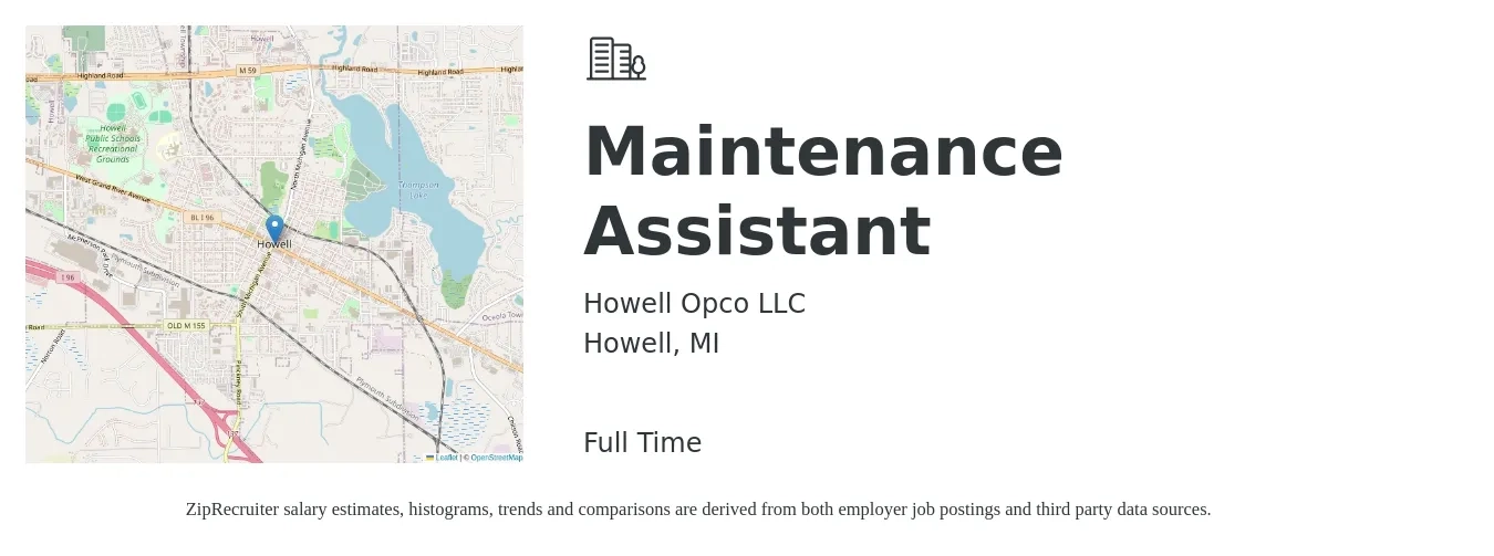 Howell Opco LLC job posting for a Maintenance Assistant in Howell, MI with a salary of $15 to $19 Hourly with a map of Howell location.
