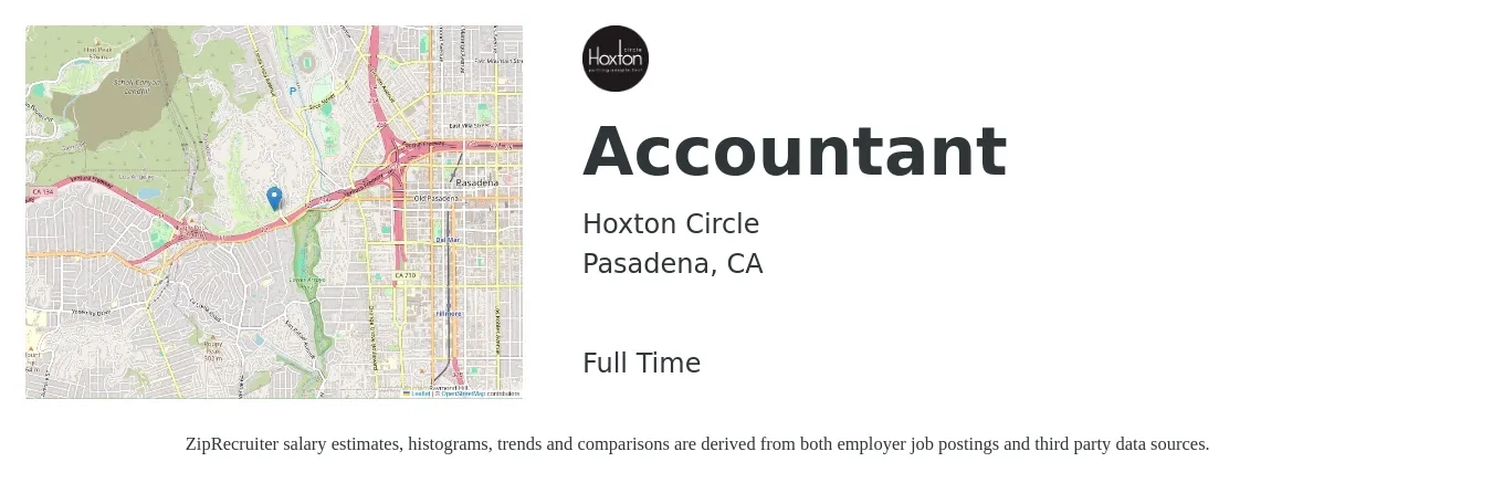 Hoxton Circle job posting for a Accountant in Pasadena, CA with a salary of $58,800 to $86,200 Yearly with a map of Pasadena location.