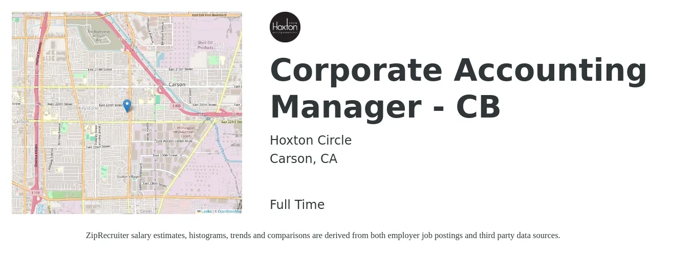 Hoxton Circle job posting for a Corporate Accounting Manager - CB in Carson, CA with a salary of $94,800 to $141,900 Yearly with a map of Carson location.