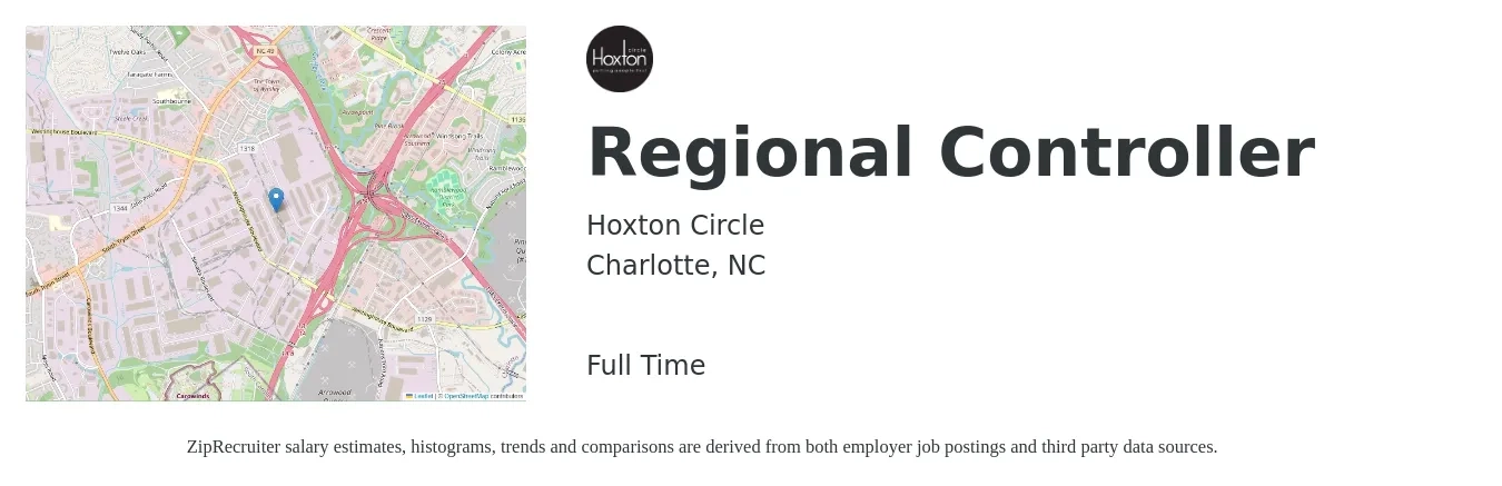 Hoxton Circle job posting for a Regional Controller in Charlotte, NC with a salary of $92,500 to $132,800 Yearly with a map of Charlotte location.