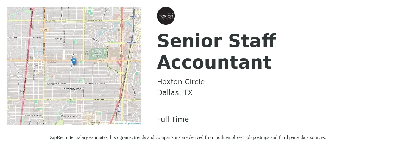 Hoxton Circle job posting for a Senior Staff Accountant in Dallas, TX with a salary of $68,800 to $84,600 Yearly with a map of Dallas location.