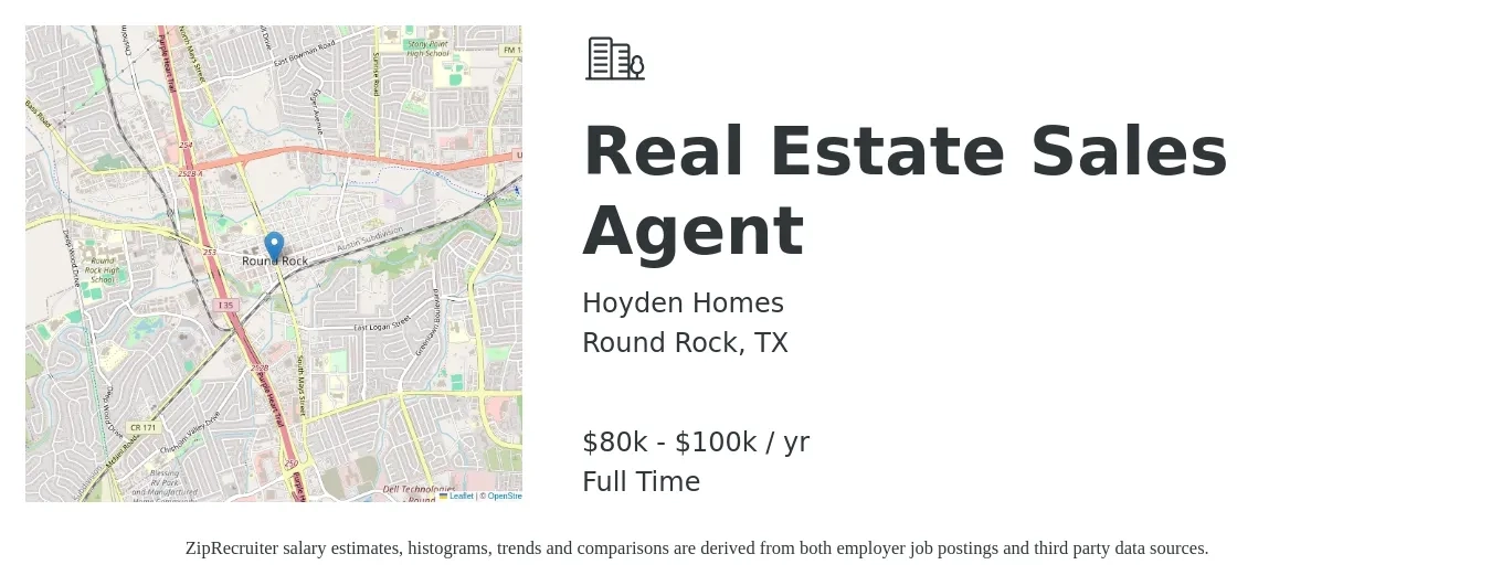 Hoyden Homes job posting for a Real Estate Sales Agent in Round Rock, TX with a salary of $100,000 Yearly with a map of Round Rock location.
