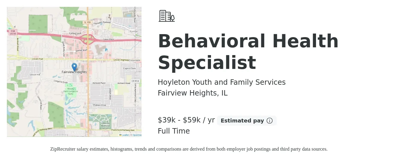 Hoyleton Youth and Family Services job posting for a Behavioral Health Specialist in Fairview Heights, IL with a salary of $39,998 to $59,998 Yearly with a map of Fairview Heights location.