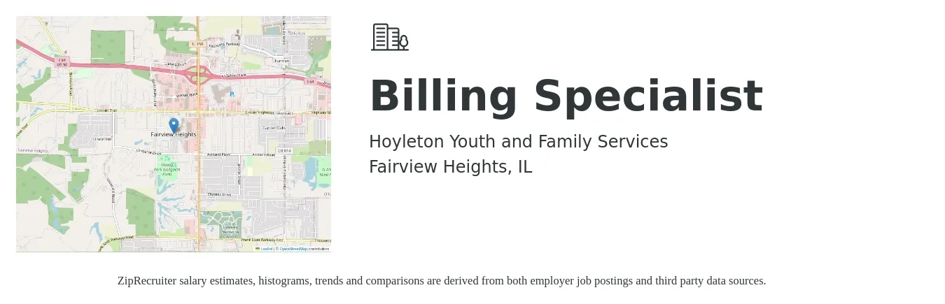 Hoyleton Youth and Family Services job posting for a Billing Specialist in Fairview Heights, IL with a salary of $20 to $29 Hourly with a map of Fairview Heights location.