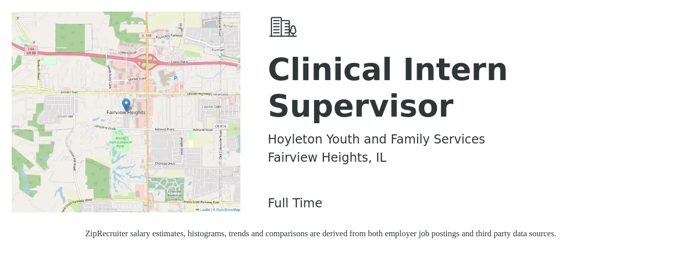 Hoyleton Youth and Family Services job posting for a Clinical Intern Supervisor in Fairview Heights, IL with a salary of $15 to $20 Hourly with a map of Fairview Heights location.