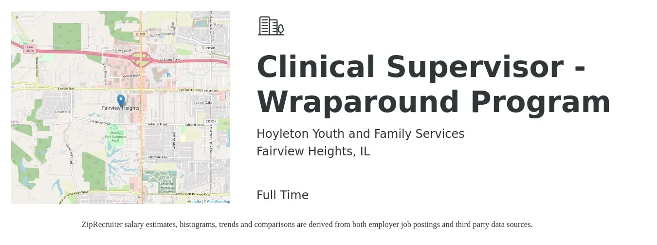 Hoyleton Youth and Family Services job posting for a Clinical Supervisor - Wraparound Program in Fairview Heights, IL with a salary of $72,500 to $105,100 Yearly with a map of Fairview Heights location.