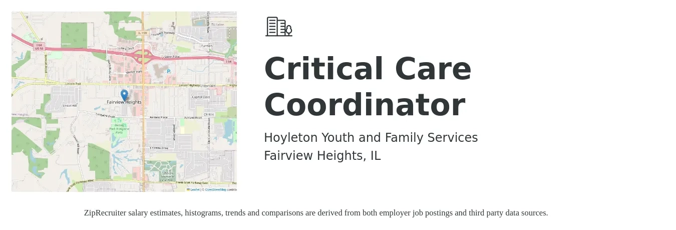 Hoyleton Youth and Family Services job posting for a Critical Care Coordinator in Fairview Heights, IL with a salary of $19 to $26 Hourly with a map of Fairview Heights location.