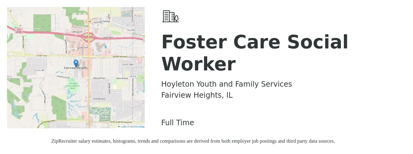 Hoyleton Youth and Family Services job posting for a Foster Care Social Worker in Fairview Heights, IL with a salary of $50,003 to $63,752 Yearly with a map of Fairview Heights location.