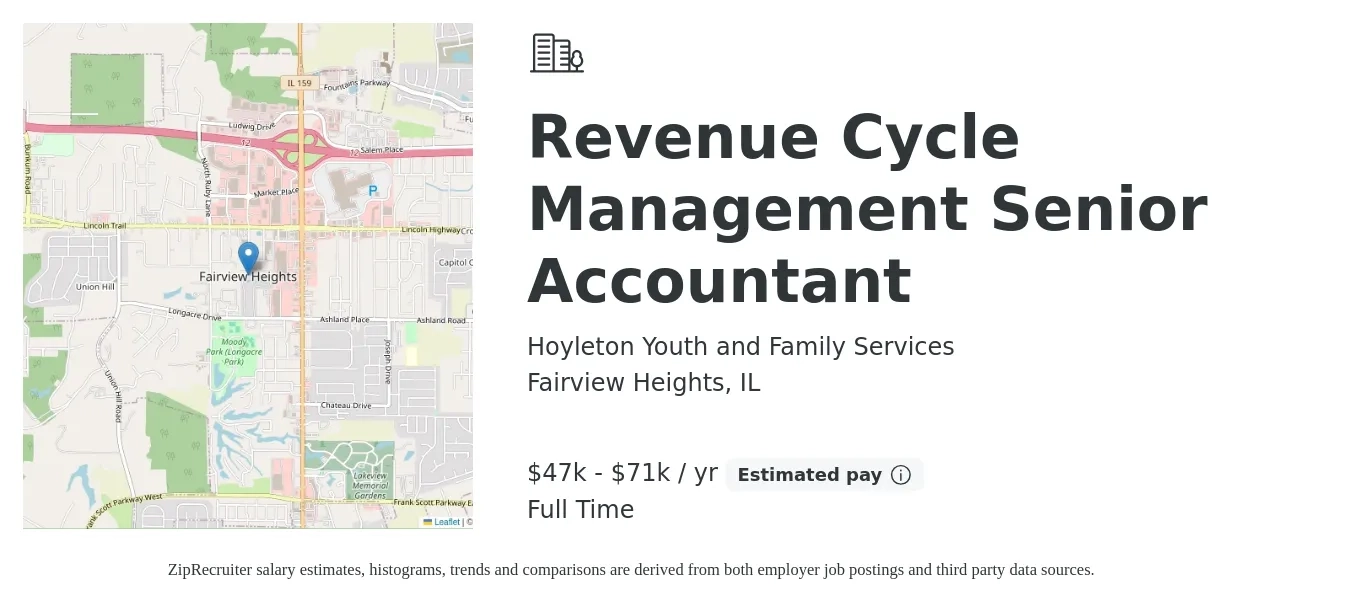 Hoyleton Youth and Family Services job posting for a Revenue Cycle Management Senior Accountant in Fairview Heights, IL with a salary of $47,549 to $71,323 Yearly with a map of Fairview Heights location.