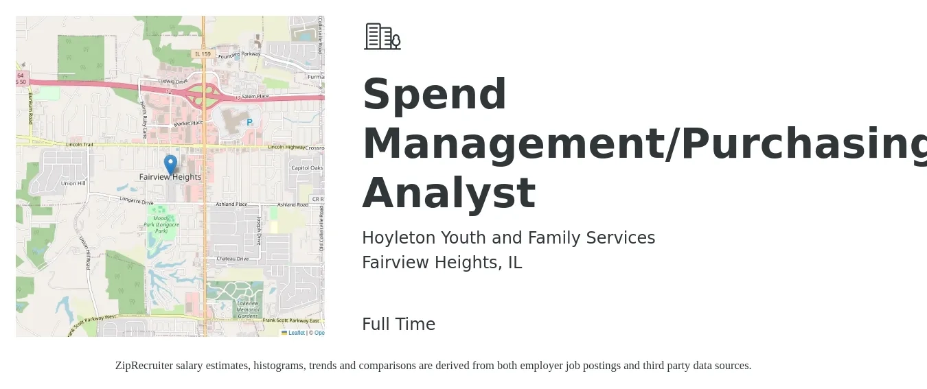 Hoyleton Youth and Family Services job posting for a Spend Management/Purchasing Analyst in Fairview Heights, IL with a salary of $37,440 to $56,160 Yearly with a map of Fairview Heights location.