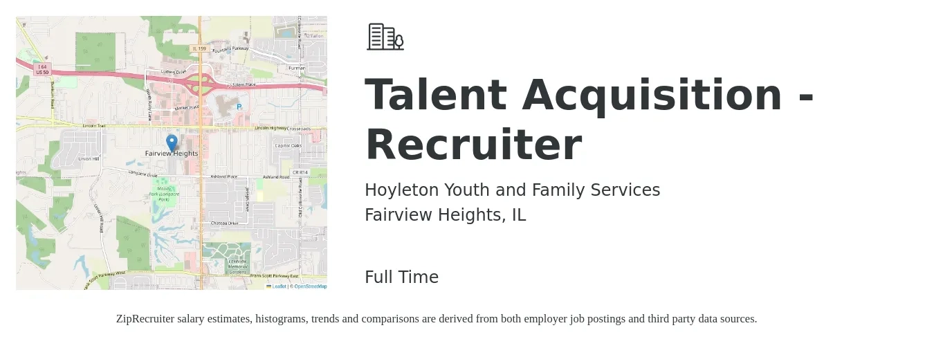 Hoyleton Youth and Family Services job posting for a Talent Acquisition - Recruiter in Fairview Heights, IL with a salary of $21 to $33 Hourly with a map of Fairview Heights location.