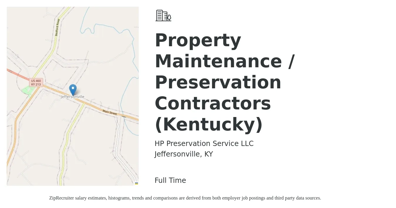 HP Preservation Service LLC job posting for a Property Maintenance / Preservation Contractors (Kentucky) in Jeffersonville, KY with a salary of $16 to $21 Hourly with a map of Jeffersonville location.