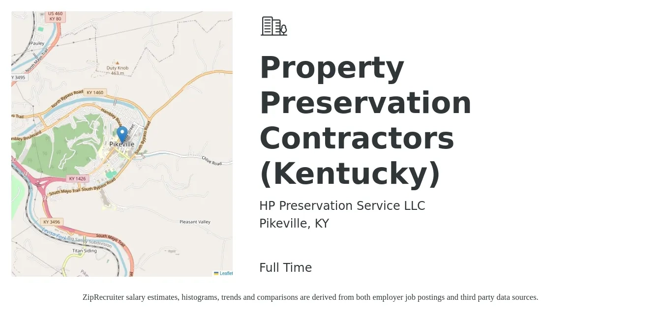 HP Preservation Service LLC job posting for a Property Preservation Contractors (Kentucky) in Pikeville, KY with a salary of $3,000 to $4,000 Monthly with a map of Pikeville location.