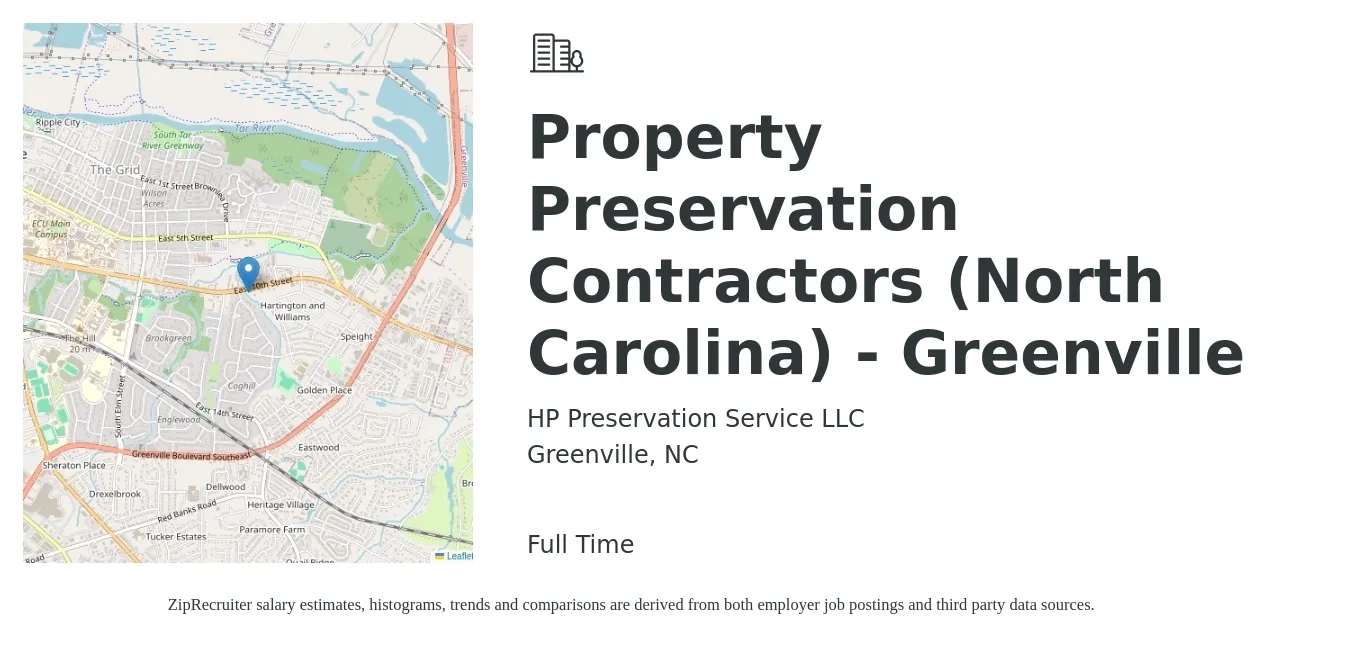 HP Preservation Service LLC job posting for a Property Preservation Contractors (North Carolina)- Greenville in Greenville, NC with a salary of $19 to $33 Hourly with a map of Greenville location.