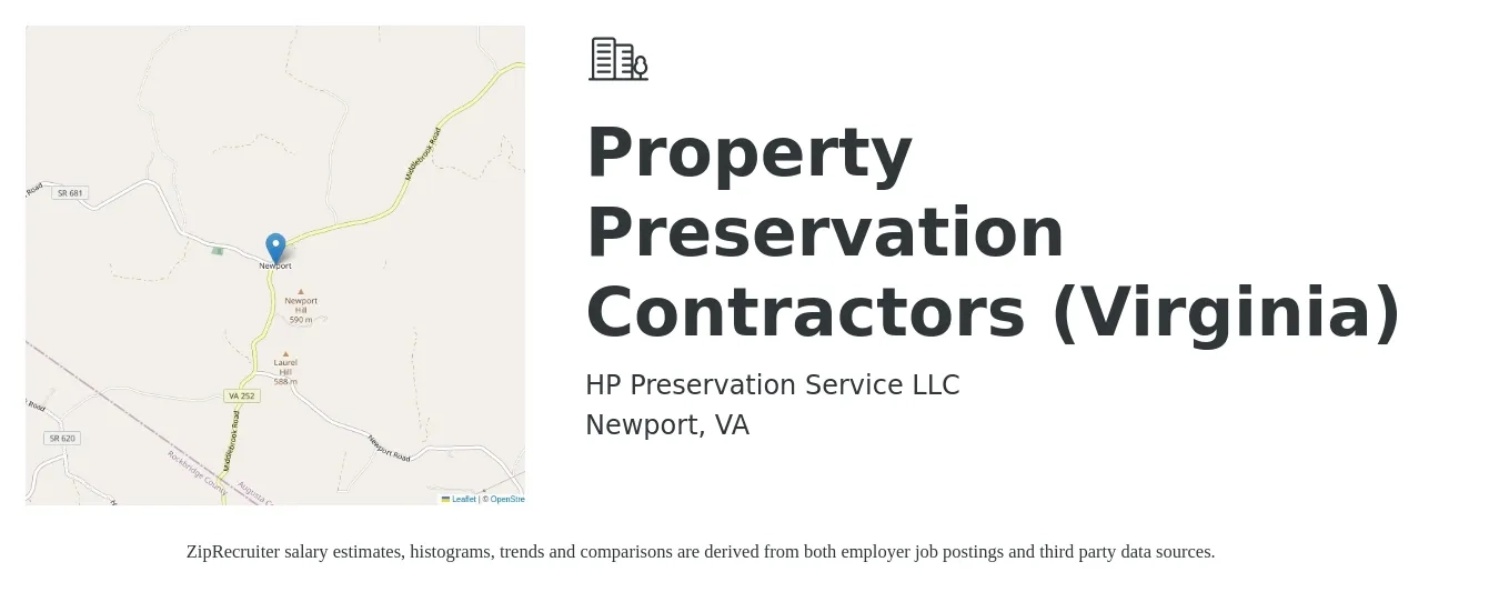HP Preservation Service LLC job posting for a Property Preservation Contractors (Virginia) in Newport, VA with a salary of $19 to $32 Hourly with a map of Newport location.