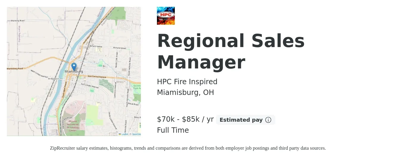 HPC Fire Inspired job posting for a Regional Sales Manager in Miamisburg, OH with a salary of $70,000 to $85,000 Yearly with a map of Miamisburg location.