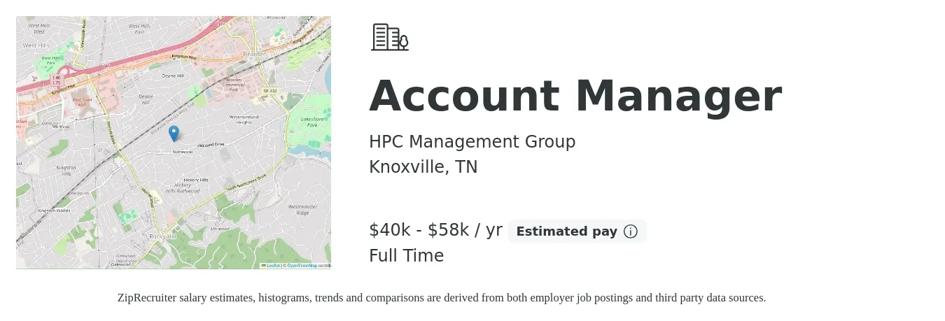 HPC Management Group job posting for a Account Manager in Knoxville, TN with a salary of $40,000 to $58,000 Yearly and benefits including pto with a map of Knoxville location.