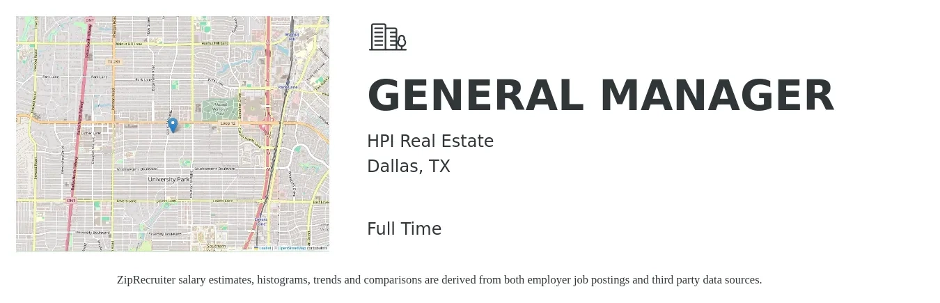 HPI Real Estate job posting for a GENERAL MANAGER in Dallas, TX with a salary of $46,300 to $69,200 Yearly with a map of Dallas location.