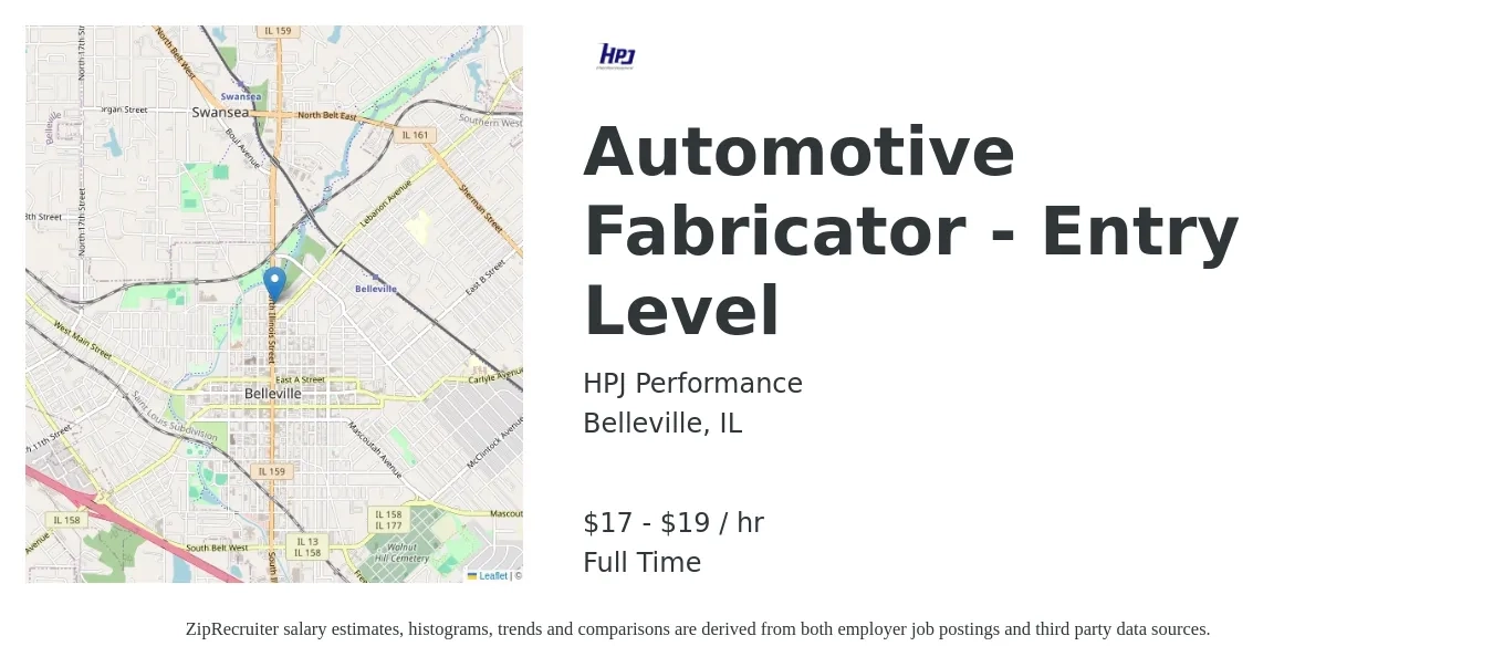 HPJ Performance job posting for a Automotive Fabricator - Entry Level in Belleville, IL with a salary of $18 to $20 Hourly with a map of Belleville location.