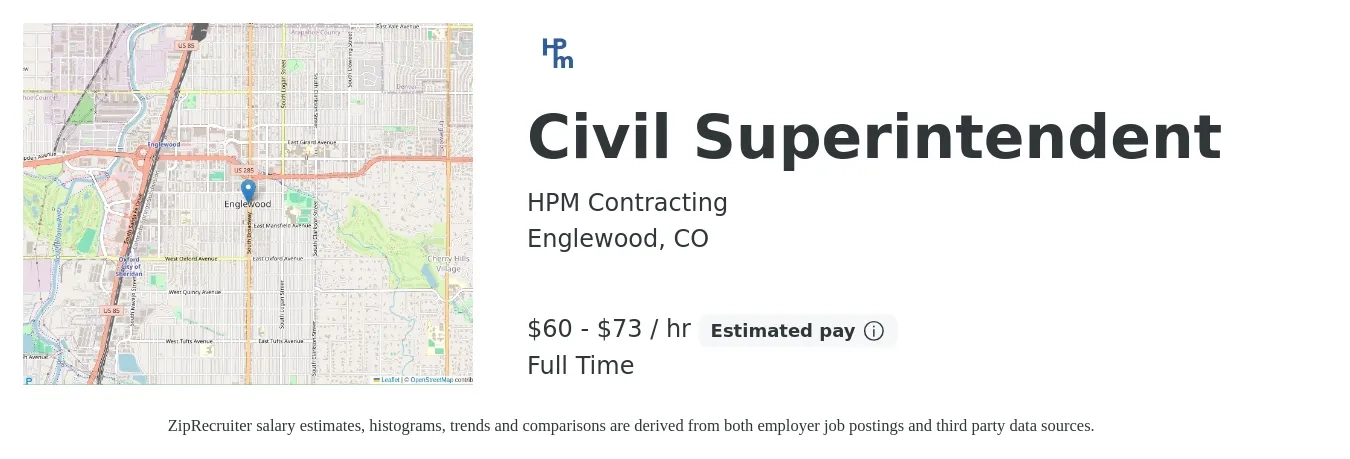 HPM Contracting job posting for a Civil Superintendent in Englewood, CO with a salary of $130,000 to $160,000 Yearly with a map of Englewood location.
