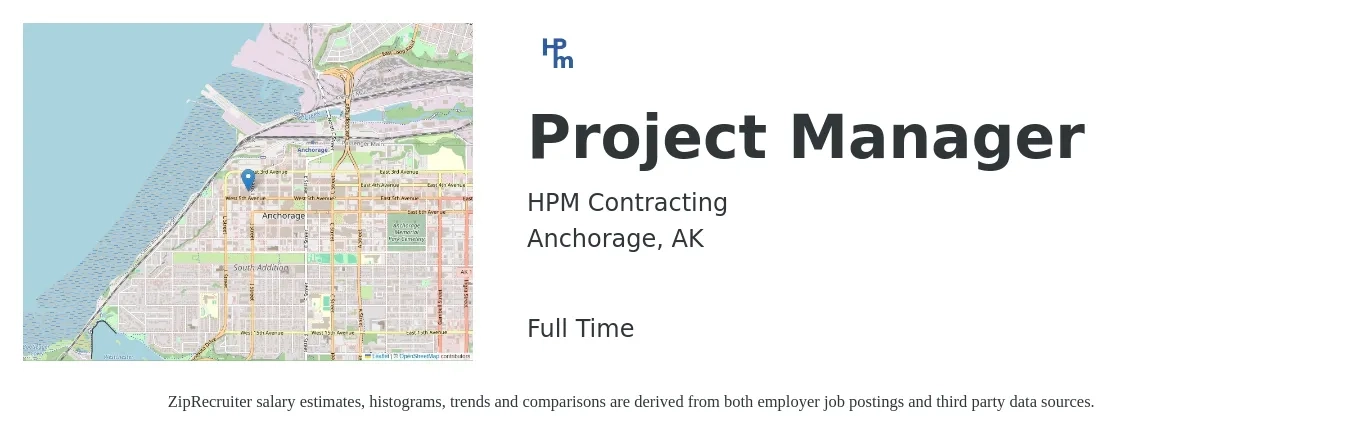 HPM Contracting job posting for a Project Manager in Anchorage, AK with a salary of $80,300 to $125,800 Yearly with a map of Anchorage location.